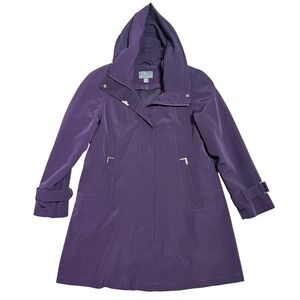 Gallery New York Coat Womens Small Petite Purple Hooded Zip Rain Lined Trench